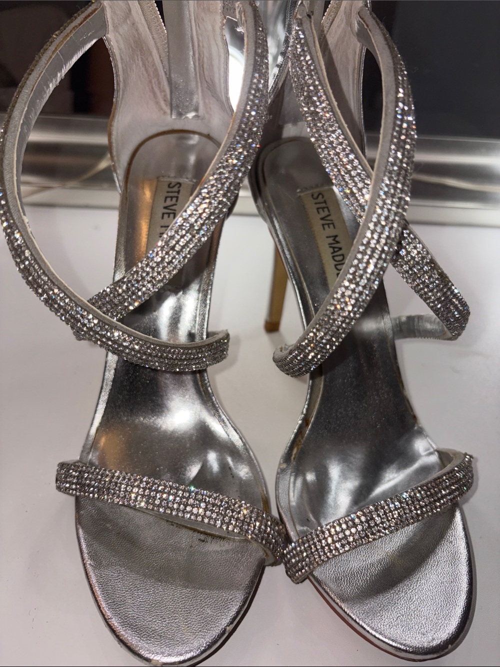 Steve Madden Silver Rhinestone Strappy High Heel Sandals